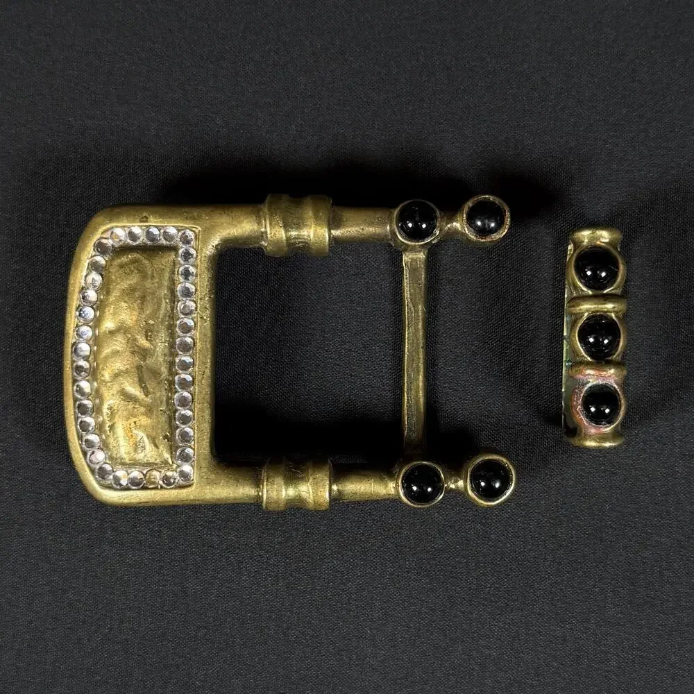 Belts By Lois Solid Brass Belt Buckle Set Black Rhinestone Vintage